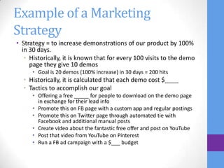 Example of a Marketing
Strategy
• Strategy = to increase demonstrations of our product by 100%
  in 30 days.
   • Historically, it is known that for every 100 visits to the demo
     page they give 10 demos
      • Goal is 20 demos (100% increase) in 30 days = 200 hits
  • Historically, it is calculated that each demo cost $____
  • Tactics to accomplish our goal
      • Offering a free _____ for people to download on the demo page
        in exchange for their lead info
      • Promote this on FB page with a custom app and regular postings
      • Promote this on Twitter page through automated tie with
        Facebook and additional manual posts
      • Create video about the fantastic free offer and post on YouTube
      • Post that video from YouTube on Pinterest
      • Run a FB ad campaign with a $___ budget
 