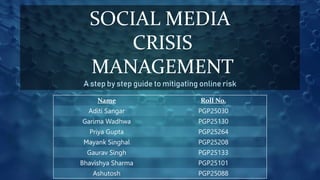 SOCIAL MEDIA
CRISIS
MANAGEMENT
A step by step guide to mitigating online risk
Name Roll No.
Aditi Sangar PGP25030
Garima Wadhwa PGP25130
Priya Gupta PGP25264
Mayank Singhal PGP25208
Gaurav Singh PGP25133
Bhavishya Sharma PGP25101
Ashutosh PGP25088
 