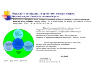 Результати досліджень за проектами молодих вчених.
Науковий напрям «Економічні та правові науки»
Наукові результати (відповідають світовому рівню):
обґрунтовано теоретико-методичні засади модернізації
системи вищої освіти України та ідентифікація векторів її впливу на
становлення інформаційної економіки;
визначено сутність позааудиторної роботи зі студентами, яка
спрямована на формування професійних компетенцій у майбутніх фахівців.
Публікації:
монографія -1;
статті у WoS – 7;
статті у фахових виданнях – 6.
Основні характеристики та практична значимість:
сформульовані правила і процедури, що сприяють
інтернаціоналізації викладання;
сформульовані критерії якості для ефективного управління
процесами інтернаціоналізації.
Перехідна НДР «Інтегрована модель конкурентоспроможної вищої освіти в Україні за концепцією Quadruple
Helix (міждисциплінарний)». Науковий керівник – к. е. н., доцент Холявко Н.І., жовтень 2017 – вересень 2020, обсяг
фінансування: 1500,7 тис.грн., 2017рік – 82,27 тис.грн.
освіта – уряд – бізнес –суспільство
 