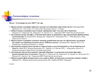 12
Госпдоговірна тематика
Всього – 14 договорів на суму 1585,77 тис. грн.
1. «Проектування та розробка мобільних додатків для отримання туристичних послуг» (Литвинов В.В.,
Гребенник А.Г., Сиса Д.М.) -ГО "Самостійна Молодіжна Артіль", м. Ніжин.
2. «Обґрунтування та розробка моделі мережі прибирання доріг та вулиць міста Чернігова»
(Терещук О.І., Корнієнко І.В., Корнієнко С.П., Кошма А.І.) – управління ЖКГ Чернігівської міської ради.
3. «Дослідження впливу Діазофіту та Поліміксобактерину на урожайність при передпосівній обробці насіння
озимої пшениці» (Селінний М.М., Каніваць В.І., Корма О.М., Тимошенко О.П. ) – ТОВ «Вдячність ЛТД»,
Чернігівська область.
4. «Проектування та розробка технічного завдання, розроблення системи для забезпечення електронної
реєстрації для отримання медичних послуг. Мобільні додатки» (Литвинов В.В., Цирулін М.О.) - ГО
«Громадське Телебачення Ніжина», м. Ніжин.
5. «Дослідження антропогенного впливу на гідрологічний та екологічний режим р. Остер Чернігівської
області» (Дерій Ж.В., Шадура-Никипорець Н.Т., Цибуля С.Д., Купчик О.Ю.) – департамент екології та
природних ресурсів Чернігівської облдержадміністрації.
6. «Дослідження гідрологічних режимів території «Кордівка» та визначення негативних факторів з
рекомендаціями щодо їх усунення» (Терещук О.І., Корнієнко І.В., Корнієнко С.П., Кошма А.І., Котельчук Л.С.,
Мовенко В.І., Крячок С.Д) - Управління ЖКГ Чернігівської міської ради.
7. «Обґрунтування сфери використання класу напруги 20кВ у розподільних електричних мережах Україн »
(Буйний Р.О.) - Науково-проектний центр розвитку ОЕС України ДП НЕК "Укренерго"
та інші.
 