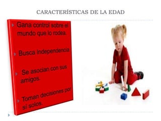 CARACTERÍSTICAS DE LA EDADGana control sobre el mundo que lo rodea.Busca Independencia Se asocian con sus amigos.Toman decisiones por sí solos.