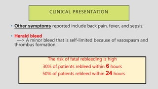 CLINICAL PRESENTATION
• Other symptoms reported include back pain, fever, and sepsis.
• Herald bleed
—> A minor bleed that is self-limited because of vasospasm and
thrombus formation.
The risk of fatal rebleeding is high
30% of patients rebleed within 6 hours
50% of patients rebleed within 24 hours.
 