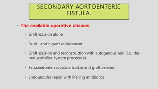 SECONDARY AORTOENTERIC
FISTULA.
• The available operative choices
• Graft excision alone
• In-situ aortic graft replacement
• Graft excision and reconstruction with autogenous vein (i.e., the
neo-aortoiliac system procedure)
• Extraanatomic revascularization and graft excision
• Endovascular repair with lifelong antibiotics
 