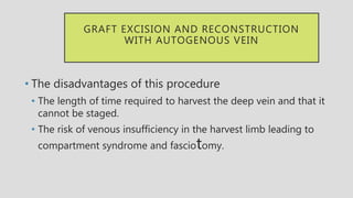 GRAFT EXCISION AND RECONSTRUCTION
WITH AUTOGENOUS VEIN
• The disadvantages of this procedure
• The length of time required to harvest the deep vein and that it
cannot be staged.
• The risk of venous insufficiency in the harvest limb leading to
compartment syndrome and fasciotomy.
 