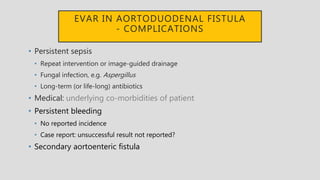 EVAR IN AORTODUODENAL FISTULA
- COMPLICATIONS
• Persistent sepsis
• Repeat intervention or image-guided drainage
• Fungal infection, e.g. Aspergillus
• Long-term (or life-long) antibiotics
• Medical: underlying co-morbidities of patient
• Persistent bleeding
• No reported incidence
• Case report: unsuccessful result not reported?
• Secondary aortoenteric fistula
 