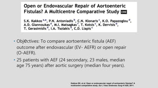 • Objectives: To compare aortoenteric fistula (AEF)
outcome after endovascular (EV- AEFR) or open repair
(O-AEFR).
• 25 patients with AEF (24 secondary, 23 males, median
age 75 years) after aortic surgery (median four years).
Kakkos SK, et al: Open or endovascular repair of aortoenteric fistulas? A
multicentre comparative study. Eur J Vasc Endovasc Surg 41:625, 2011.
 