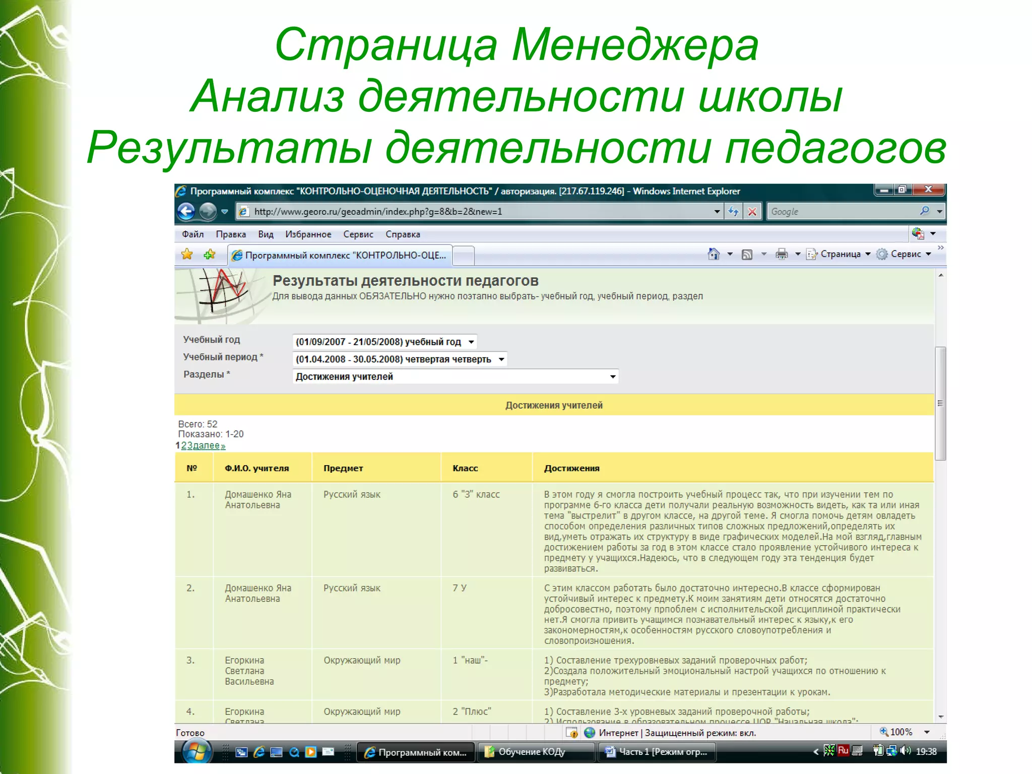 Страница Менеджера Анализ деятельности школы Результаты деятельности педагогов 