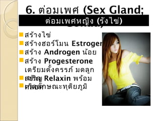 6. ต่อ มเพศ (Sex Gland;
ต่อ มเพศหญิง (รัง ไข่)
Gonad)
สร้า งไข่
สร้า งฮอร์โ มน Estrogen มาก
สร้า ง Androgen น้อ ย
สร้า ง Progesterone
เตรีย มตั้ง ครรภ์ มดลูก
เจริญ Relaxin พร้อ ม
สร้า ง
เกิด ลั
คลอดก ษณะทุต ิย ภูม ิ

 