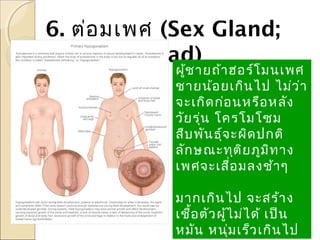 6. ต่อ มเพศ (Sex Gland;
Gonad)

ผู้ช ายถ้า ฮอร์โ มนเพศ
ชายน้อ ยเกิน ไป ไม่ว ่า
จะเกิด ก่อ นหรือ หลัง
วัย รุ่น โครโมโซม
สืบ พัน ธุ์จ ะผิด ปกติ
ลัก ษณะทุต ิย ภูม ิท าง
เพศจะเสื่อ มลงช้า ๆ
มากเกิน ไป จะสร้า ง
เชื้อ ตัว ผู้ไ ม่ไ ด้ เป็น
หมัน หนุ่ม เร็ว เกิน ไป

 