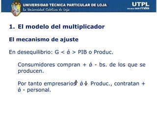 El modelo del multiplicador El mecanismo de ajuste En desequilibrio: G < ǿ > PIB o Produc. Consumidores compran + ǿ - bs. de los que se producen.  Por tanto empresarios  ǿ  Produc., contratan + ǿ - personal. 