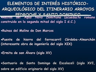 Restos del  Aqua Nova Domitiana  (acueducto romano construido en la segunda mitad del siglo I d.C.) Ruinas del Molino de Don Marcos Puente de hierro del ferrocarril Córdoba-Almorchón (interesante obra de ingeniería del siglo XIX) Ermita de san Álvaro (siglo XV) Santuario de Santo Domingo de Escalaceli (siglo XVI, sobre un edificio originario del siglo XV) ELEMENTOS DE INTERÉS HISTÓRICO-ARQUEOLÓGICO DEL ITINERARIO ARROYOS PEDROCHE Y SANTO DOMINGO 