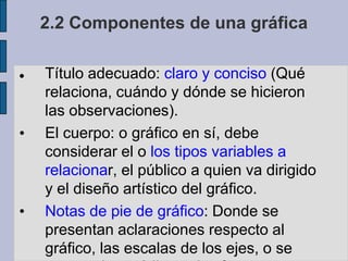 2.2 Componentes de una gráficaTítulo adecuado: claro y conciso (Qué relaciona, cuándo y dónde se hicieron las observaciones).