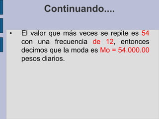 3.3.1 La Moda Cuando los datos no están Agrupados en IntervalosSalario de 50 Operarias de laFabrica de Confecciones "La Hilacha"