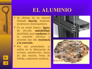 EL ALUMINIO
 Se obtiene de un mineral
  llamado bauxita, mediante
             bauxita
  un proceso electroquímico.
 Es un metal blanco, ligero,
                         ligero
  de elevada maleabilidad,
                  maleabilidad
  ductilidad, gran conductor de
  la corriente eléctrica y
  presenta una alta resistencia
  a la corrosión.
 Por sus propiedades se
  utiliza en la fabricación de
  aviones, automóviles, líneas
  de alta tensión, botes de
  bebida, carpintería metálica,.
                                   BAUXITA
 