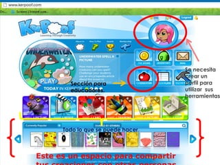 Se necesita
                                    crear un
        Sección para                perfil para
        educadores.                 utilizar sus
                                    herramientas




      Todo lo que se puede hacer.



Este es un espacio para compartir
 