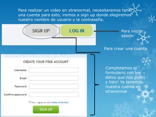 Para realizar un video en xtranormal, necesitaremos tener
una cuenta para esto, iremos a sign up donde elegiremos
nuestro nombre de usuario y la contraseña.

                                                   Para iniciar
                                                   sesión


                                          Para crear una cuenta



                                           Completamos el
                                           formulario con los
                                           datos que nos piden
                                           y listo! Ya tenemos
                                           nuestra cuenta en
                                           xtranormal
 