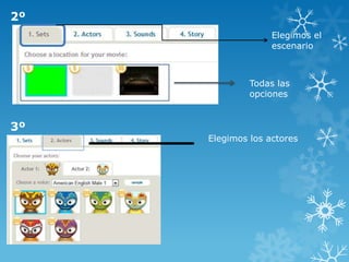 2º
                   Elegimos el
                   escenario



              Todas las
              opciones


3º
     Elegimos los actores
 