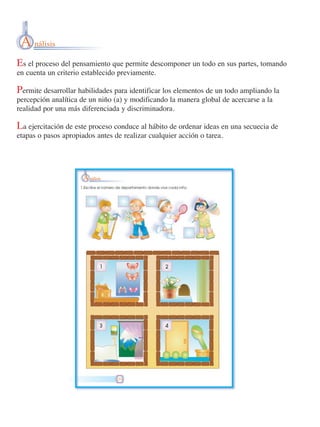 A nálisis
Es el proceso del pensamiento que permite descomponer un todo en sus partes, tomando
en cuenta un criterio establecido previamente.

Permite desarrollar habilidades para identificar los elementos de un todo ampliando la
percepción analítica de un niño (a) y modificando la manera global de acercarse a la
realidad por una más diferenciada y discriminadora.

La ejercitación de este proceso conduce al hábito de ordenar ideas en una secuecia de
etapas o pasos apropiados antes de realizar cualquier acción o tarea.

 