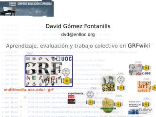 David Gómez Fontanills [email_address] 2008... 2008... 2005... 2004... 2007... Aprendizaje, evaluación y trabajo colectivo en  GRFwiki 2005... 2006... multimedia.uoc.edu/~grf 