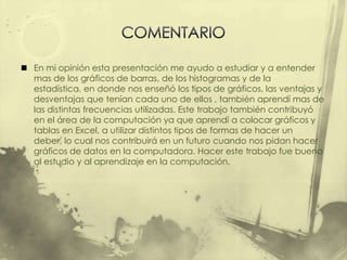  En mi opinión esta presentación me ayudo a estudiar y a entender
  mas de los gráficos de barras, de los histogramas y de la
  estadística, en donde nos enseñó los tipos de gráficos, las ventajas y
  desventajas que tenían cada uno de ellos , también aprendí mas de
  las distintas frecuencias utilizadas. Este trabajo también contribuyó
  en el área de la computación ya que aprendí a colocar gráficos y
  tablas en Excel, a utilizar distintos tipos de formas de hacer un
  deber, lo cual nos contribuirá en un futuro cuando nos pidan hacer
  gráficos de datos en la computadora. Hacer este trabajo fue bueno
  al estudio y al aprendizaje en la computación.
 