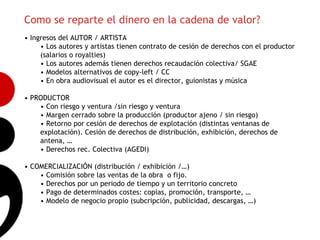 Como se reparte el dinero en la cadena de valor?
• Ingresos del AUTOR / ARTISTA
     • Los autores y artistas tienen contrato de cesión de derechos con el productor
     (salarios o royalties)
     • Los autores además tienen derechos recaudación colectiva/ SGAE
     • Modelos alternativos de copy-left / CC
     • En obra audiovisual el autor es el director, guionistas y música

• PRODUCTOR
    • Con riesgo y ventura /sin riesgo y ventura                                       8
    • Margen cerrado sobre la producción (productor ajeno / sin riesgo)
    • Retorno por cesión de derechos de explotación (distintas ventanas de
    explotación). Cesión de derechos de distribución, exhibición, derechos de
    antena, …
    • Derechos rec. Colectiva (AGEDI)

• COMERCIALIZACIÓN (distribución / exhibición /…)
    • Comisión sobre las ventas de la obra o fijo.
    • Derechos por un periodo de tiempo y un territorio concreto
    • Pago de determinados costes: copias, promoción, transporte, …
    • Modelo de negocio propio (subcripción, publicidad, descargas, …)
 