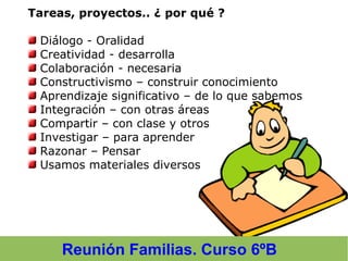Reunión Familias. Curso 6ºB
Tareas, proyectos.. ¿ por qué ?
Diálogo - Oralidad
Creatividad - desarrolla
Colaboración - necesaria
Constructivismo – construir conocimiento
Aprendizaje significativo – de lo que sabemos
Integración – con otras áreas
Compartir – con clase y otros
Investigar – para aprender
Razonar – Pensar
Usamos materiales diversos
 