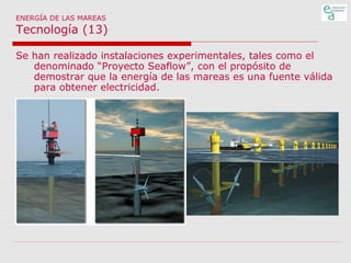 ENERGÍA DE LAS MAREAS

Tecnología (13)
Se han realizado instalaciones experimentales, tales como el
denominado “Proyecto Seaflow”, con el propósito de
demostrar que la energía de las mareas es una fuente válida
para obtener electricidad.

 