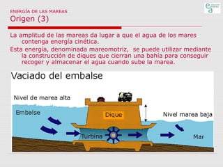 ENERGÍA DE LAS MAREAS

Origen (3)

La amplitud de las mareas da lugar a que el agua de los mares
contenga energía cinética.
Esta energía, denominada mareomotriz, se puede utilizar mediante
la construcción de diques que cierran una bahía para conseguir
recoger y almacenar el agua cuando sube la marea.

 