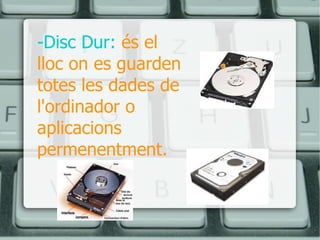 -Disc Dur:   és el lloc on es guarden totes les dades de l'ordinador o aplicacions permenentment. 