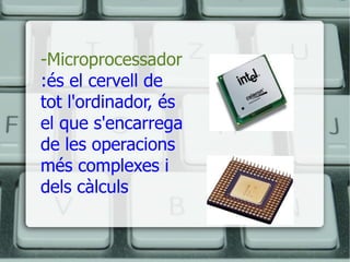 -Microprocessador :és el cervell de tot l'ordinador, és el que s'encarrega de les operacions més complexes i dels càlculs 