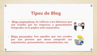 Tipos de Blog
• Blogs corporativos: Se refieren a los bitácoras que
son creados por las empresas y generalmente
integrados en la página web corporativa.
• Blogs personales: Son aquellos que son creados
por una persona que desea compartir sus
experiencias, pensamientos, conocimientos, etc.
 