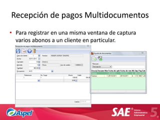 Recepción de pagos Multidocumentos
• Para registrar en una misma ventana de captura
  varios abonos a un cliente en particular.
 