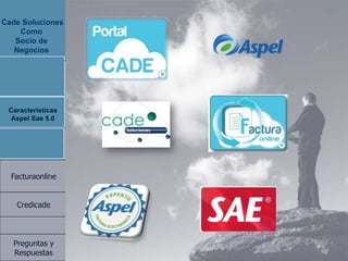 Cade Soluciones
    Como
   Socio de
   Negocios




 Caracteristicas
 Caracteristicas
 Aspel Sae 5.0
  Aspel Sae 5.0


 Transicion 2012



  Facturaonline


   Credicade



  Preguntas y
  Respuestas
 