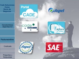 Cade Soluciones
    Como
   Socio de
   Negocios




 Caracteristicas
 Caracteristicas
 Aspel Sae 5.0
  Aspel Sae 5.0


 Transicion 2012



 Facturaonline
Facturaonline


   Credicade



  Preguntas y
  Respuestas
 