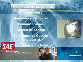 Integración de Soluciones
    Infraestructura
Monitoreo y Seguridad
   Comunicaciones
  Control de Acceso
Soluciones de Gestión
     Empresarial
Soluciones en la Nube
 