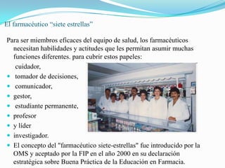 El farmacéutico “siete estrellas”

Para ser miembros eficaces del equipo de salud, los farmacéuticos
  necesitan habilidades y actitudes que les permitan asumir muchas
  funciones diferentes. para cubrir estos papeles:
   cuidador,
 tomador de decisiones,
 comunicador,
 gestor,
 estudiante permanente,
 profesor
 y líder
 investigador.
 El concepto del "farmacéutico siete-estrellas" fue introducido por la
  OMS y aceptado por la FIP en el año 2000 en su declaración
  estratégica sobre Buena Práctica de la Educación en Farmacia.
 