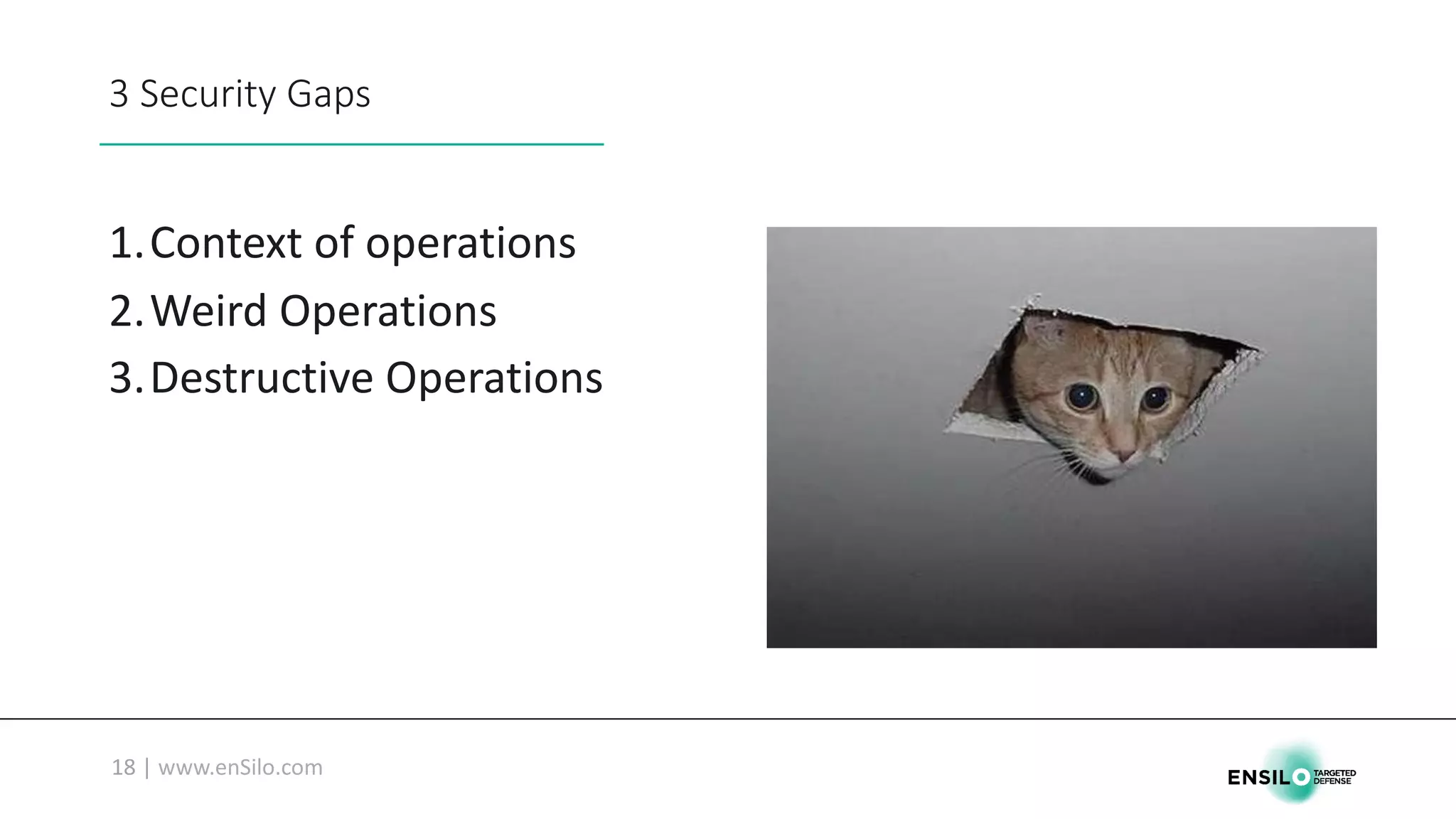 3	Security	Gaps
1.Context	of	operations
2.Weird	Operations
3.Destructive	Operations
 