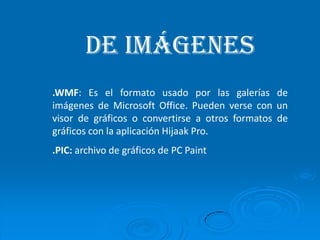 DE AUDIO .CDA: pista de audio digital de un Cd de música. Haciendo clic sobre él se lanza el Reproductor de CDs de Windows. .MID: archivo de música MIDI. .MP3: archivo de audio comprimido bajo norma MPEG. Se ejecuta con aplicaciones como Winamp, Xing MPEG Player o Real Player, entre otros.