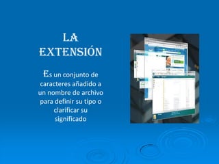 La extensiónEs un conjunto de caracteres añadido a un nombre de archivo para definir su tipo o clarificar su significado 