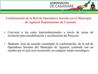 Convocar a los entes interinstitucionales a través de cartas de invitación para sensibilización y socialización del Proyecto. Mediante Acta de acuerdo contemplar la conformación, de la red de Operadores Sociales del Municipio de Aguazul, contando con un nombre por el cual será reconocido, en cualquier medio tecnológico. Conformación de la Red de Operadores Sociales en el Municipio de Aguazul Departamento de Casanare 