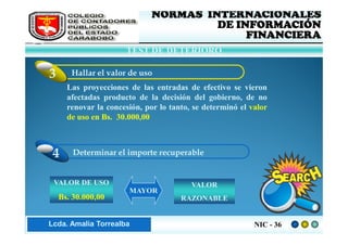 FEDERACIÓN DE COLEGIOS       NORMAS INTERNACIONALES
     DE CONTADORES PÚBLICOS                DE INFORMACIÓN
     DE VENEZUELA
                                                FINANCIERA
                          TEST DE DETERIORO

    3      Hallar el valor de uso
          Las proyecciones de las entradas de efectivo se vieron
          afectadas producto de la decisión del gobierno, de no
          renovar la concesión, por lo tanto, se determinó el valor
          de uso en Bs. 30.000,00



     4      Determinar el importe recuperable


     VALOR DE USO                            VALOR
                           MAYOR
        Bs. 30.000,00                     RAZONABLE


Lic. ZaydaAmalia Torrealba
     Lcda. E. Méndez R.                                        NIC - 36
 