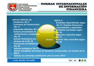 FEDERACIÓN DE COLEGIOS     NORMAS INTERNACIONALES
     DE CONTADORES PÚBLICOS              DE INFORMACIÓN
     DE VENEZUELA
                                              FINANCIERA


   Activos distintos de:                        Aplica a:
   _Existencia, Nic 2                           _ Entidades dependientes según
   _Contratos de Construcción,                    Nic 27, Estados financieros
     Nic 11                                       consolidados y separados
   _Impuestos diferidos, Nic 12                 _ Entidades asociadas según
   _Activos procedentes de                        Nic 28
     retribuciones a empleados,                 _ Negocios conjuntos según
     Nic 19                                       Nic 31
   _Activos financieros con           Alcance _ Activos valor razonable según
     alcance de la Nic 39                         Nic 16
   _Inversiones Inmobiliarias,
     Nic 40
   _ Activos biológicos, Nic 41
   _ Activo intangibles derivados de derechos contractuales con alcance de la
     Niif 4.
   _ Activos no corrientes clasificados para la venta, Niif 5

Lic. ZaydaAmalia Torrealba
     Lcda. E. Méndez R.                                     NIC - 36
 