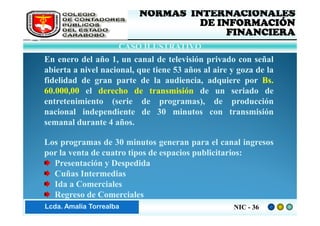 FEDERACIÓN DE COLEGIOS   NORMAS INTERNACIONALES
     DE CONTADORES PÚBLICOS            DE INFORMACIÓN
     DE VENEZUELA
                                            FINANCIERA
                         CASO ILUSTRATIVO
    En enero del año 1, un canal de televisión privado con señal
    abierta a nivel nacional, que tiene 53 años al aire y goza de la
    fidelidad de gran parte de la audiencia, adquiere por Bs.
    60.000,00 el derecho de transmisión de un seriado de
    entretenimiento (serie de programas), de producción
    nacional independiente de 30 minutos con transmisión
    semanal durante 4 años.

    Los programas de 30 minutos generan para el canal ingresos
    por la venta de cuatro tipos de espacios publicitarios:
      Presentación y Despedida
      Cuñas Intermedias
      Ida a Comerciales
      Regreso de Comerciales
Lic. ZaydaAmalia Torrealba
     Lcda. E. Méndez R.                                 NIC - 36
 