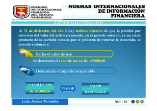 FEDERACIÓN DE COLEGIOS       NORMAS INTERNACIONALES
     DE CONTADORES PÚBLICOS                DE INFORMACIÓN
     DE VENEZUELA
                                                FINANCIERA
                          EJEMPLO ILUSTRATIVO
  Al 31 de diciembre del año 2 hay indicios externos de que la pérdida por
  deterioro del valor del activo reconocida, en el periodo anterior, ya no existe
  producto de la decisión tomada por el gobierno de renovar la concesión, se
  procede entonces a:

      1      Hallar el valor de uso
            Se determinó el valor de uso en Bs. 65.000,00


       2      Determinar el importe recuperable


       VALOR DE USO                            VALOR
                              MAYOR
          Bs. 65.000,00                     RAZONABLE


Lic. ZaydaAmalia Torrealba
     Lcda. E. Méndez R.                                         NIC - 36
 