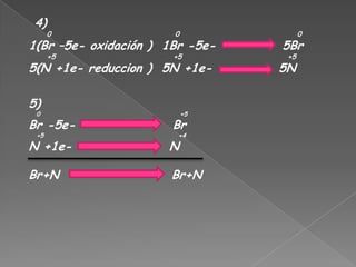 4)
      0                0               0
1(Br –5e- oxidación ) 1Br -5e-   5Br
      +5               +5         +5
5(N +1e- reduccion ) 5N +1e-     5N

5)
 0                         +5

Br -5e-                Br
 +5                     +4

N +1e-                N

Br+N                  Br+N
 