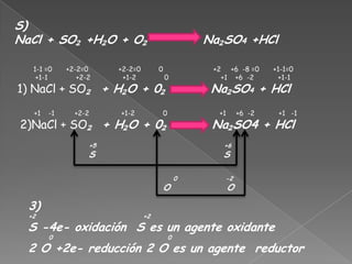 S)
NaCl + SO₂ +H₂O + O₂                                  Na₂SO4 +HCl

   1-1 =0    +2-2=0     +2-2=0        0                +2     +6 -8 =0    +1-1=0
    +1-1        +2-2     +1-2             0                 +1 +6 -2       +1-1
1) NaCl + SO₂ + H₂O + 0₂                               Na₂SO4 + HCl
   +1   -1     +2-2     +1-2              0             +1        +6 -2    +1 -1
2)NaCl + SO₂ + H₂O + 0₂                                Na₂SO4 + HCl
                   +5                                       +6
                   S                                        S

                                                  0          -2
                                          O                  O

  3)
  +2                             +2

  S -4e- oxidación S es un agente oxidante
        0                                     0

  2 O +2e- reducción 2 O es un agente reductor
 
