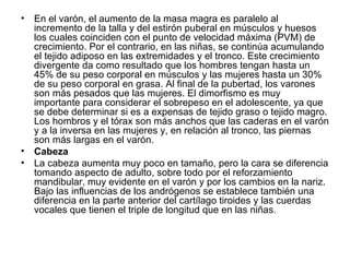 En el varón, el aumento de la masa magra es paralelo al incremento de la talla y del estirón puberal en músculos y huesos los cuales coinciden con el punto de velocidad máxima (PVM) de crecimiento. Por el contrario, en las niñas, se continúa acumulando el tejido adiposo en las extremidades y el tronco. Este crecimiento divergente da como resultado que los hombres tengan hasta un 45% de su peso corporal en músculos y las mujeres hasta un 30% de su peso corporal en grasa. Al final de la pubertad, los varones son más pesados que las mujeres. El dimorfismo es muy importante para considerar el sobrepeso en el adolescente, ya que se debe determinar si es a expensas de tejido graso o tejido magro. Los hombros y el tórax son más anchos que las caderas en el varón y a la inversa en las mujeres y, en relación al tronco, las piernas son más largas en el varón. Cabeza La cabeza aumenta muy poco en tamaño, pero la cara se diferencia tomando aspecto de adulto, sobre todo por el reforzamiento mandibular, muy evidente en el varón y por los cambios en la nariz. Bajo las influencias de los andrógenos se establece también una diferencia en la parte anterior del cartílago tiroides y las cuerdas vocales que tienen el triple de longitud que en las niñas. 