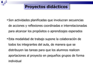 Proyectos didácticos Son actividades planificadas que involucran secuencias de acciones y reflexiones coordinadas e interrelacionadas para alcanzar los propósitos o aprendizajes esperados Esta modalidad de trabajo supone la colaboración de todos los integrantes del aula, de manera que se distribuyen las tareas para que los alumnos realicen aportaciones al proyecto en pequeños grupos de forma individual 