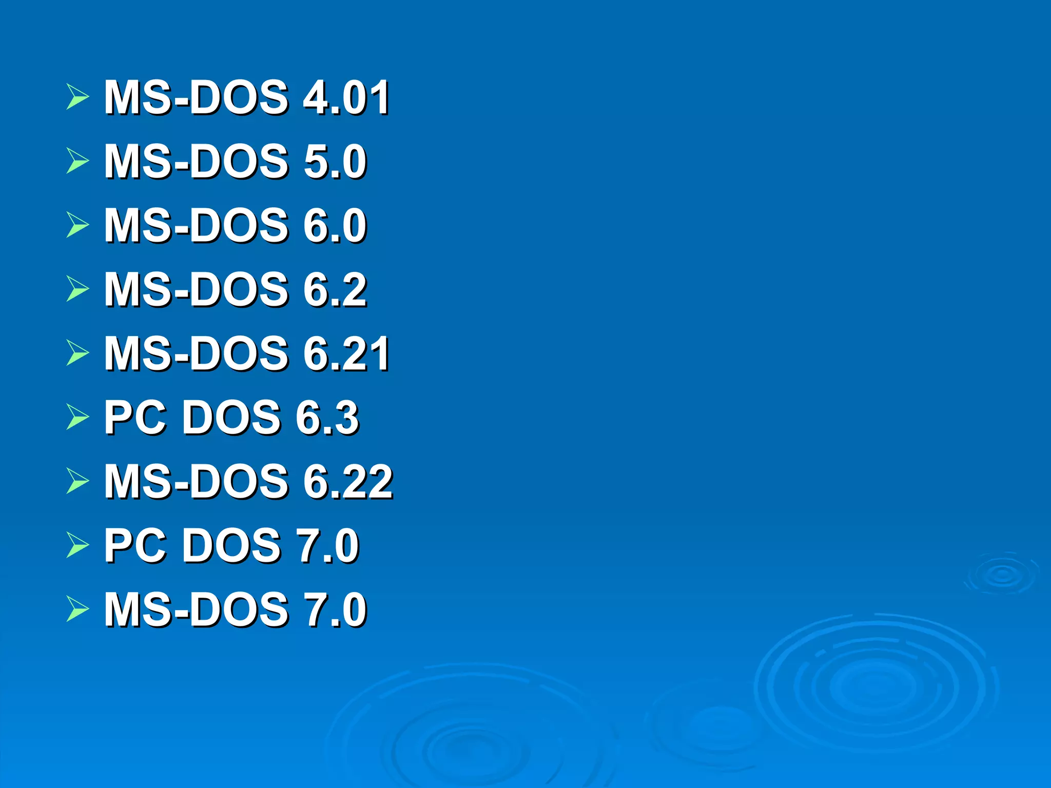 MS-DOS 4.01 MS-DOS 5.0 MS-DOS 6.0 MS-DOS 6.2 MS-DOS 6.21 PC DOS 6.3 MS-DOS 6.22 PC DOS 7.0 MS-DOS 7.0 
