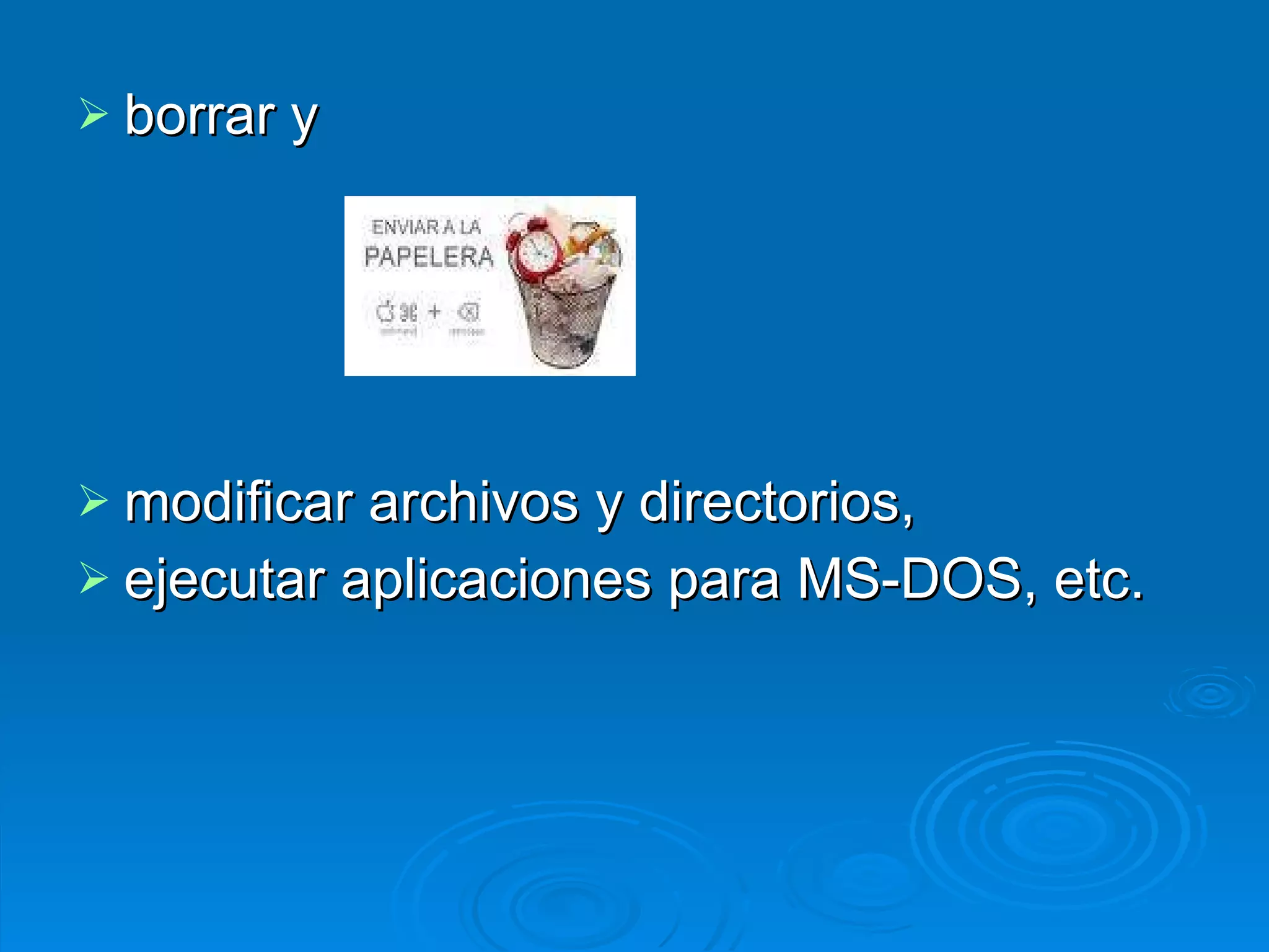 borrar y  modificar archivos y directorios,  ejecutar aplicaciones para MS-DOS, etc. 